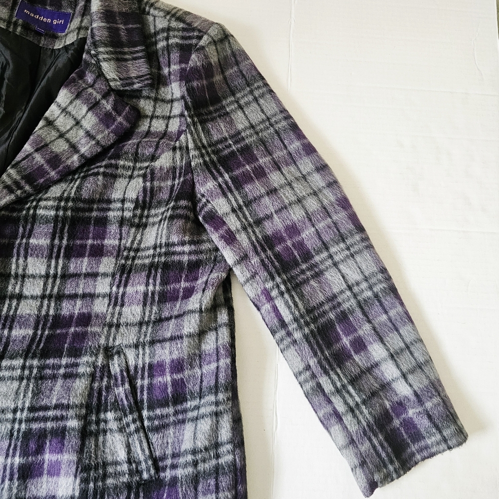 Madden Girl Plaid Coat Size 3X Gray Purple Mid Length Single Breasted Lined Soft - Picture 6 of 11